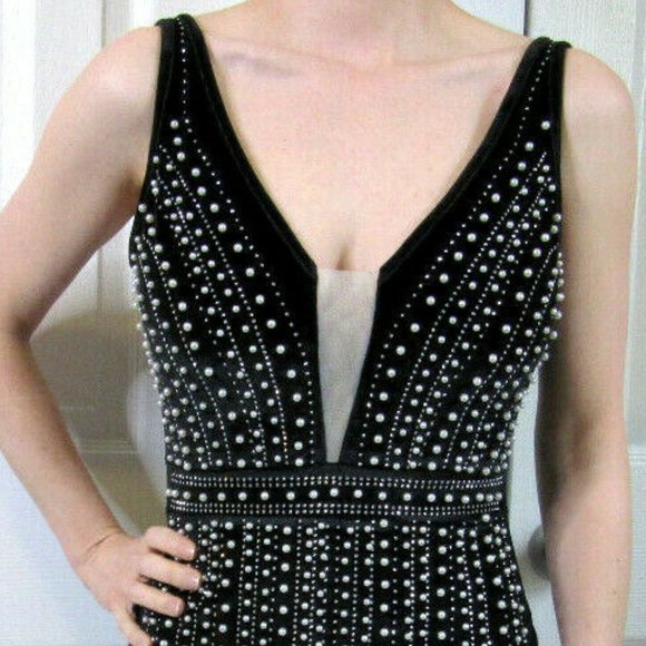 Sexy Mini Dress Black Velvet Pearls Rhinestones Party British Womens US Size SP - Picture 8 of 10